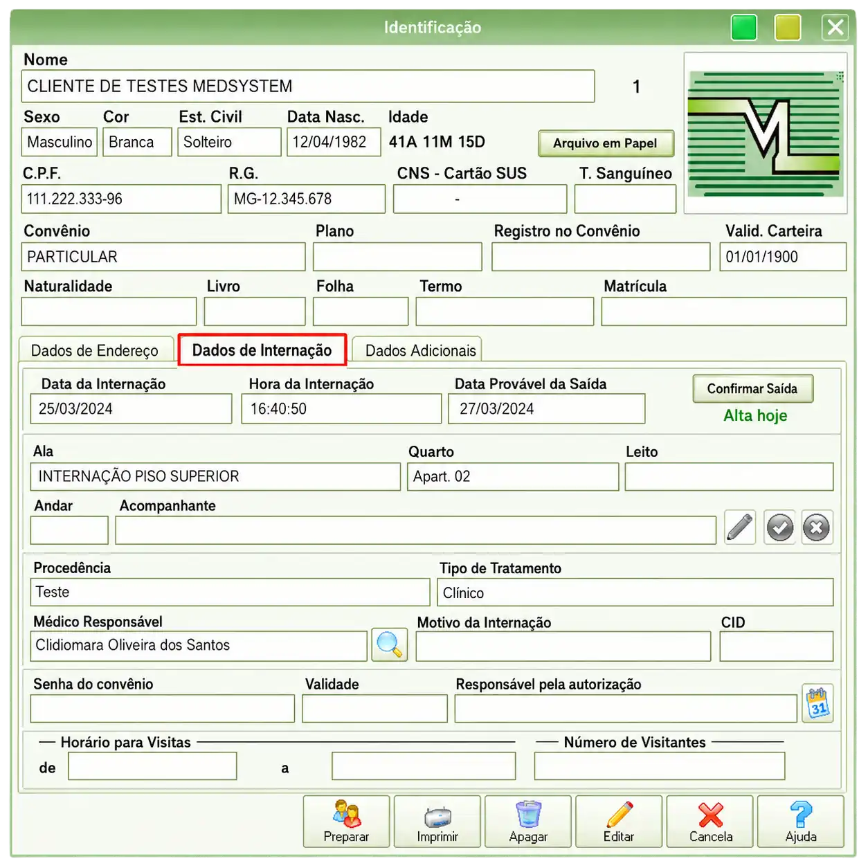 Tela de cadastro e atendimento do paciente no Sistema Colmeia